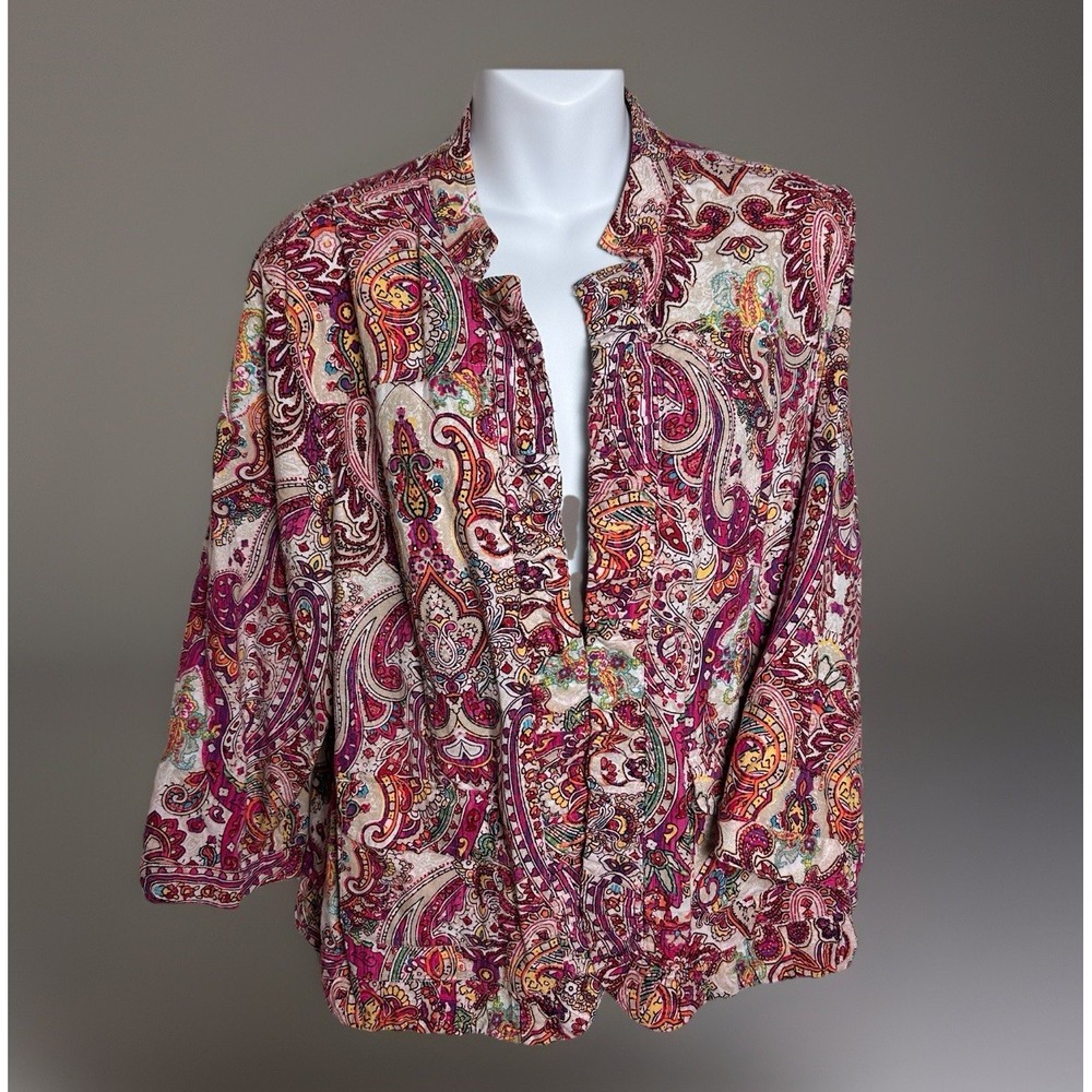 Chicos Paisley Linen Rayon Open Front Top Womens Size 2 With Pockets